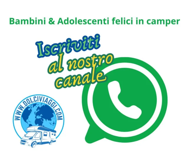 📣 NUOVO! Canale WhatsApp per famiglie in camper! Hai bambini o ragazzi e ami viaggiare in libertà? Questo canale fa per te!

🎁 Appena ti iscrivi ricevi GRATIS la guida "Bambini & Adolescenti felici in camper", con: 
✔️ Idee creative per i viaggi lunghi
✔️ Giochi e attività da fare in sosta
✔️ Routine serene anche senza Wi-Fi
✔️ E soprattutto… consigli pratici per viaggi in compagnia, dove bambini e ragazzi stringono amicizie, si divertono insieme e vivono esperienze pensate per la loro età.

🌿 Perché quando i figli sono felici… i genitori si rilassano davvero.
🧭 Ogni settimana nel canale troverai ispirazioni, proposte di itinerari, offerte esclusive e consigli di viaggio pensati per chi viaggia in famiglia.

📌 Iscriviti ora al canale WhatsApp: 
 ‎https://whatsapp.com/channel/0029VbB9iQ1ElagvUyHmhv3F