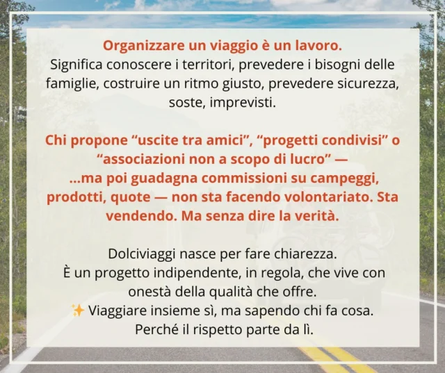 #viaggiaetico #viaggiinregola #dolciviaggi #famiglieinviaggio 
#camperlifeitalia #valorealviaggio #viaggiautentici #slowtourism 
#itinerariconcura #viaggiaresereni #professioneturismo