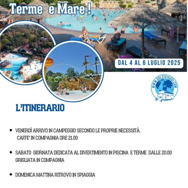 🎉 WEEKEND IN COMPAGNIA – 4/6 LUGLIO
Unisciti a noi al Camping Tahiti tra terme, piscine, spiaggia e grigliate sotto le stelle!

🏕️ 5 piscine, centro benessere, animazione per bambini, aree dog-friendly, sport e natura…🔥 Sabato sera grigliata di gruppo🏖️ Domenica tutti in spiaggia!
👉 25 € per itinerario + Card Dolciviaggi(Hai già la Card? L’itinerario è GRATIS!)
🎁 20% di sconto sul campeggio + ingresso omaggio alle terme!
📲 Prenota sul sito del camping con il codice “COUPON DOLCIVIAGGI”e scrivici su WhatsApp al 340 8980807 per ricevere l’omaggio e unirti al gruppo!
Posti limitati – si parte anche se non ci si conosce! 😊
🚐‼️iscrizioni entro il 4 giugno!!

https://dolciviaggi.com/prodotto/weekend-dolciviaggi-al-camping-tahiti/