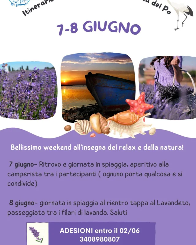 🌊 WEEKEND NEL DELTA DEL PO – IN CAMPER 🚐
💜 2 giorni tra cielo, mare e profumo di lavanda

Un weekend semplice, ma con tutto il necessario per riempire gli occhi, il cuore e la macchina fotografica 📸✨

Ti portiamo nel Delta del Po, dove potrai:
🌾 rilassarti in spiaggia libera con la tua famiglia
🥂 fare aperitivo vista mare con altri viaggiatori
💜 passeggiare tra i filari in fiore di un lavandeto
🚐 trovare facilmente dove sostare (gratis!)
📷 ricevere una miniguida fotografica per scatti da sogno nei campi di lavanda

👉 Il programma è pronto, tu devi solo partire: 
 https://dolciviaggi.com/prodotto/weekend-in-camper-nel-delta-del-po-porto-tolle/