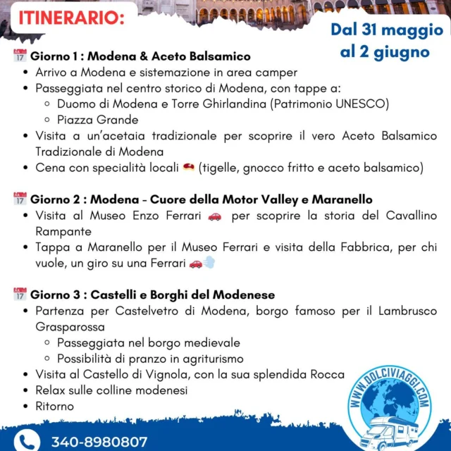 🍷🏎️ SAPORI E MOTORI – Weekend in camper tra Modena e dintorni
📅 Ultimi giorni per unirti a noi: chiudiamo le adesioni venerdì 23 maggio!

Un itinerario tra gusto e meraviglia, pensato per chi ama viaggiare con tutti i sensi:
🚐 borghi emiliani
🍇 degustazioni tra acetaie e cantine
🏁 visita al Museo Ferrari
🍝 e il piacere di condividere la strada con altri camperisti appassionati

Un weekend per chi vuole sentirsi libero… ma con il bello già tracciato.
👉 Guarda il programma e prenota ora: https://dolciviaggi.com/prodotto/itinerario-sapori-e-motori-tra-modena-e-dintorni/

⏳ Le adesioni chiudono venerdì. Dopo… si parte davvero!