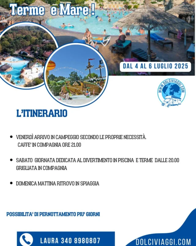 🎉 WEEKEND IN COMPAGNIA – 4/6 LUGLIO
Unisciti a noi al Camping Tahiti tra terme, piscine, spiaggia e grigliate sotto le stelle!

🏕️ 5 piscine, centro benessere, animazione per bambini, aree dog-friendly, sport e natura…🔥 Sabato sera grigliata di gruppo🏖️ Domenica tutti in spiaggia!
👉 25 € per itinerario + Card Dolciviaggi(Hai già la Card? L’itinerario è GRATIS!)
🎁 20% di sconto sul campeggio + ingresso omaggio alle terme!
📲 Prenota sul sito del camping con il codice “COUPON DOLCIVIAGGI”e scrivici su WhatsApp al 340 8980807 per ricevere l’omaggio e unirti al gruppo!
Posti limitati – si parte anche se non ci si conosce! 😊
🚐‼️iscrizioni entro il 4 giugno!!

https://dolciviaggi.com/prodotto/weekend-dolciviaggi-al-camping-tahiti/