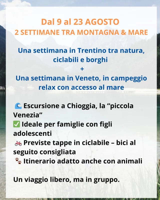 Ferie di Ferragosto in camper?
Due settimane per respirare, rallentare e ritrovare il gusto di viaggiare in compagnia.

🌲 Prima tappa: il fresco del Trentino, tra ciclabili, laghi e borghi
🌊 Poi si scende al mare: relax in campeggio e gita alla splendida Chioggia

👨‍👩‍👧‍👦 Perfetto per famiglie con figli adolescenti
🚲 Consigliata la bici
🐾 Anche con amici a quattro zampe

👉 Viaggio libero, ma insieme ad altre famiglie
Ricevi il PDF completo e unisciti al gruppo!

📍Link nel commento